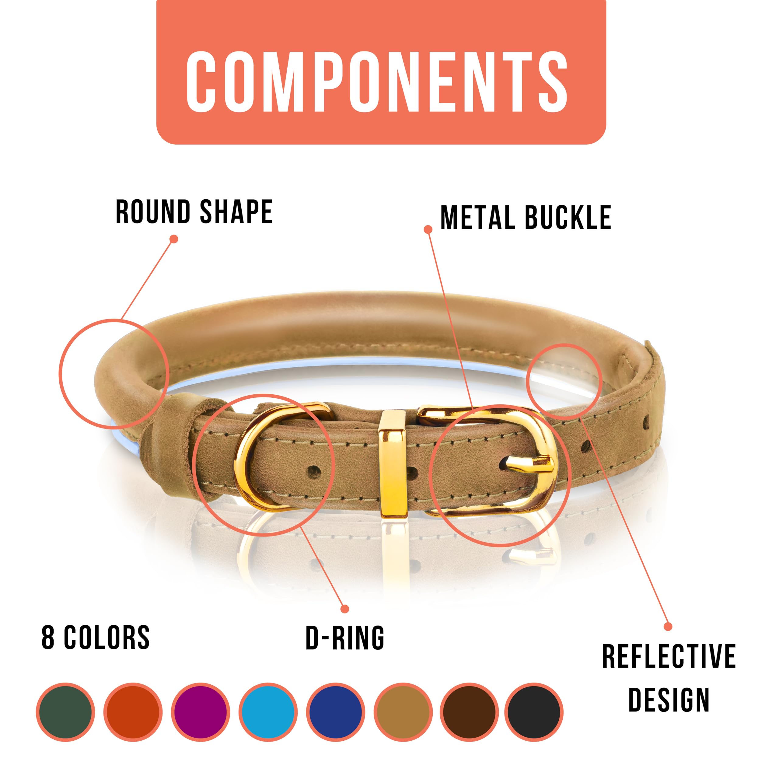 OOPSDOGGY Reflective Rolled Leather Dog Collar for Small Medium Large Dogs Puppy 8 Colors, 7 Sizes (Camel, M, 12"-15") - Image 3