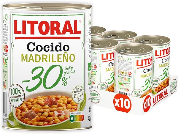 Litoral Cocido Madrileño -30% Sal y Grasa - Plato Preparado Sin Gluten - Pack de 10x425g - Total: 4.25kg - 1