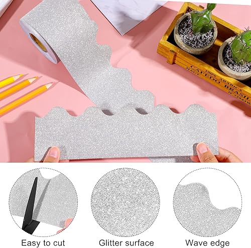 Miniatura 3 de durony Bordes de tablero de anuncios de 65.6 pies, borde plateado, decoración festoneada para el aula escolar para decoración de tablones de anuncios