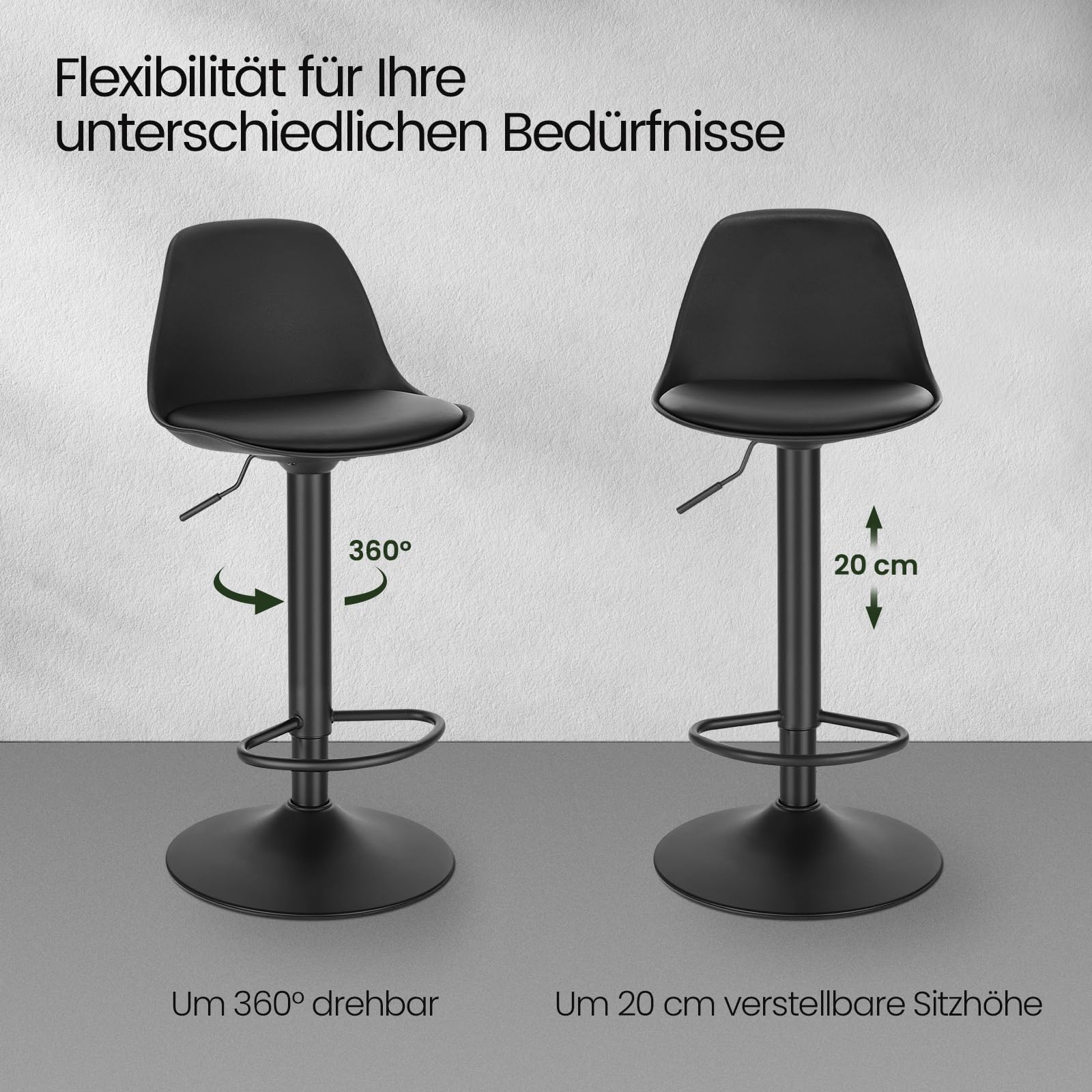 EUGAD Barhocker 2er Set, für Bar Küchen & Esszimmer, 360° drehbarer höhenverstellbar, Barstuhl mit Rückenlehne Fußstütze, aus PU, Schwarz