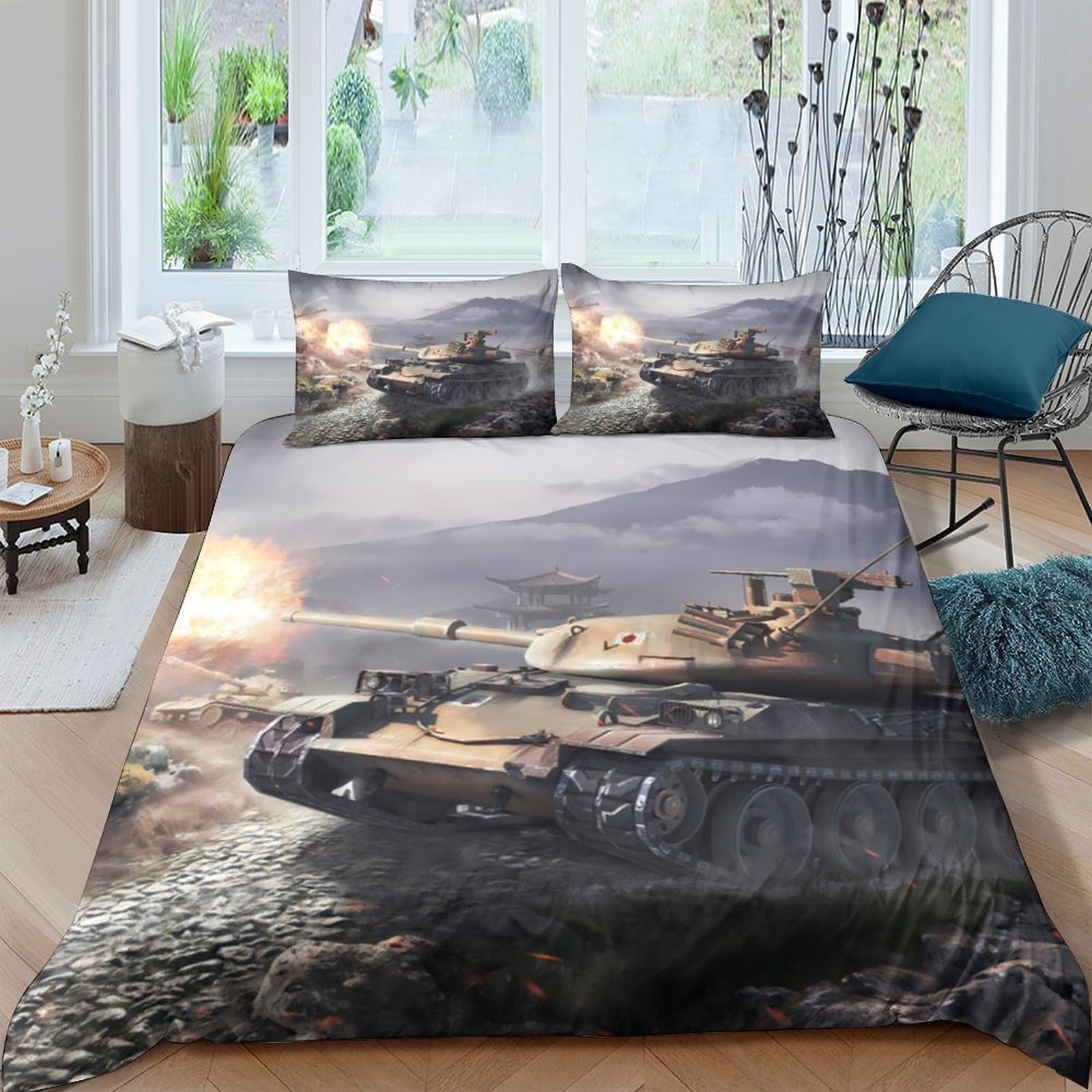 Ctjqhvkz Style-9 3D Printed Battle Tank Fitted Sheet Microfiber Soft Anti-Slip Camouflage War Scene Mattress Cover For Bedroom Dorm Decor Single（135X200cm）