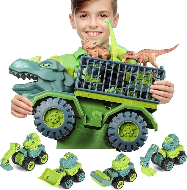 burgkidz Dinosaur Truck Toys, Dino Trucks Transport Carrier Playset with Dinosaur Figures, Excavator Toy, Dinosaur Gifts for Kids Boys Girls Ages 3 4 5 6 Years Old