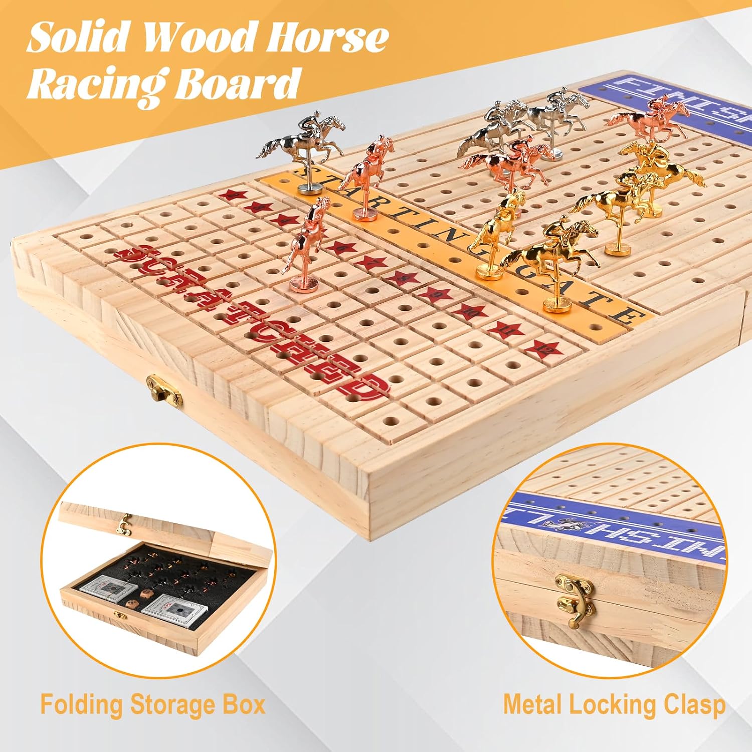 Horse Race Board Game, Foldable Wood Horse Racing Board Game with 11 Metal Horses 2 Dice 2 Decks of Cards and 120Pcs Chips for Friends Adults Family Party Game Night