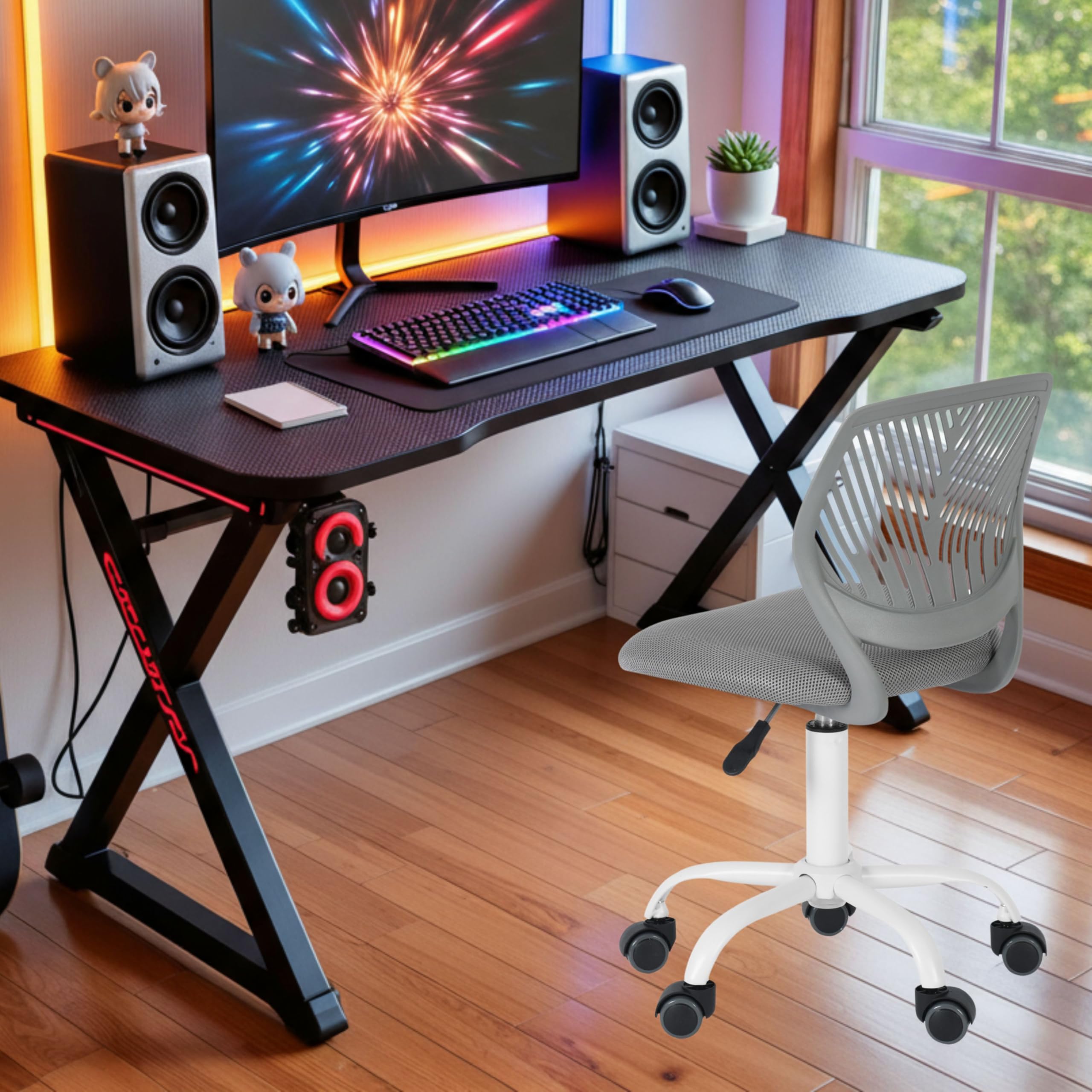 FurnitureR Silla de Gaming para niños, Silla de Oficina, Silla Gamer, Silla de Escritorio, diseño Moderno ergonómico, sin Brazos, Ajuste de Altura del Asiento, Ruedas de Goma, Gris