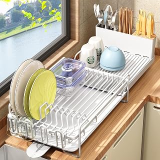 Dish Drying Rack, Expandable(19.1"-26.9") Large Capacity Dish Rack and Drainboard Set, Stainless Steel Dish Drainers with Utensil Holder for Kitchen Counter, White