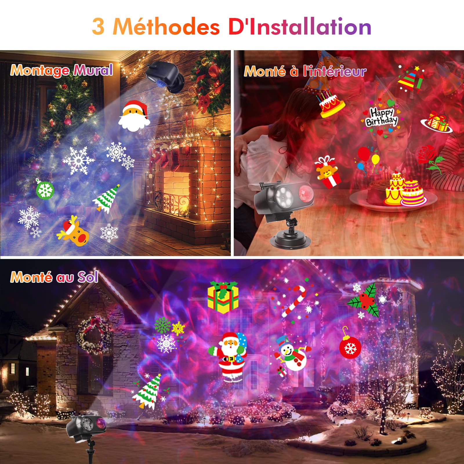 Projecteur LED Extérieur Noël - 12 Diapositives Motifs Fêtes, étanche IP65, Cordon 5m, Pour Jardin Et Maison