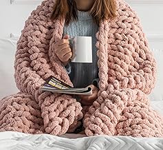 HEARTH & STONE Chunky Knit Blanket 50"x60" - Fluffy Weighted Throw Blanket - Hand Made Yarn Knitted, Braided Warm Blankets for Bed Sofa (Blush Pink)