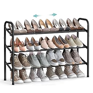 SONGMICS Zapatero Extensible, Zapatero de Metal de 3 Niveles, Organizador de Zapatos Ajustable, Estante Zapatos para Pasillo, Armario, Puerta, Fácil Montaje, Negro Tinta LMR039B01