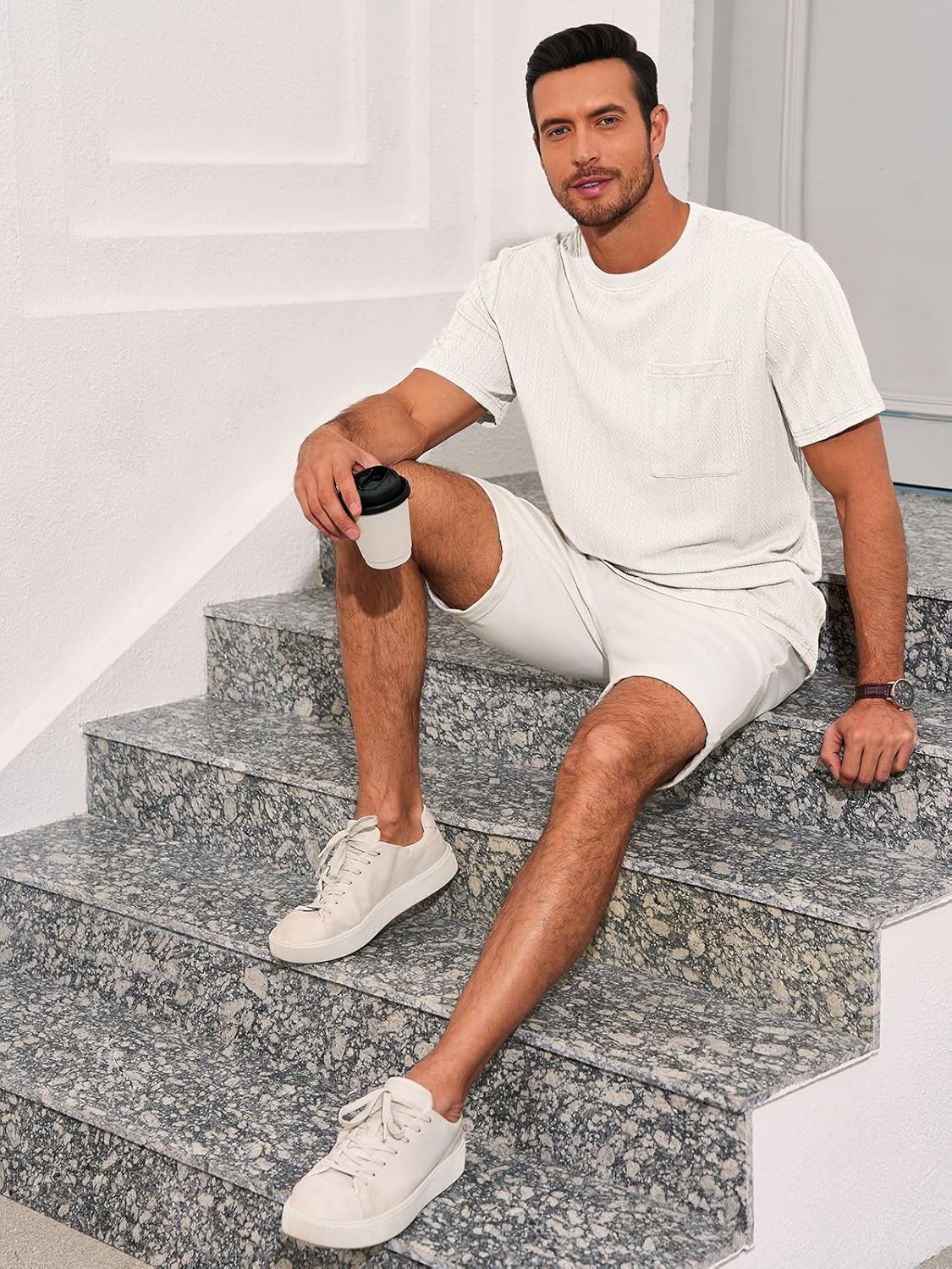 Runcati Mens Short Sleeve T-Shirts Casual Knit Texture Crewneck Pocket Tee Tops Loose Fit Summer Shirt - Image 3