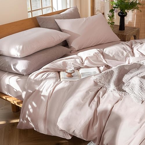 Miniatura 7 de MooMee  Juego de funda de edredón 100% algodón lavado con textura parecida al lino transpirable duradero suave cómodo (rosa grisáceo, King)