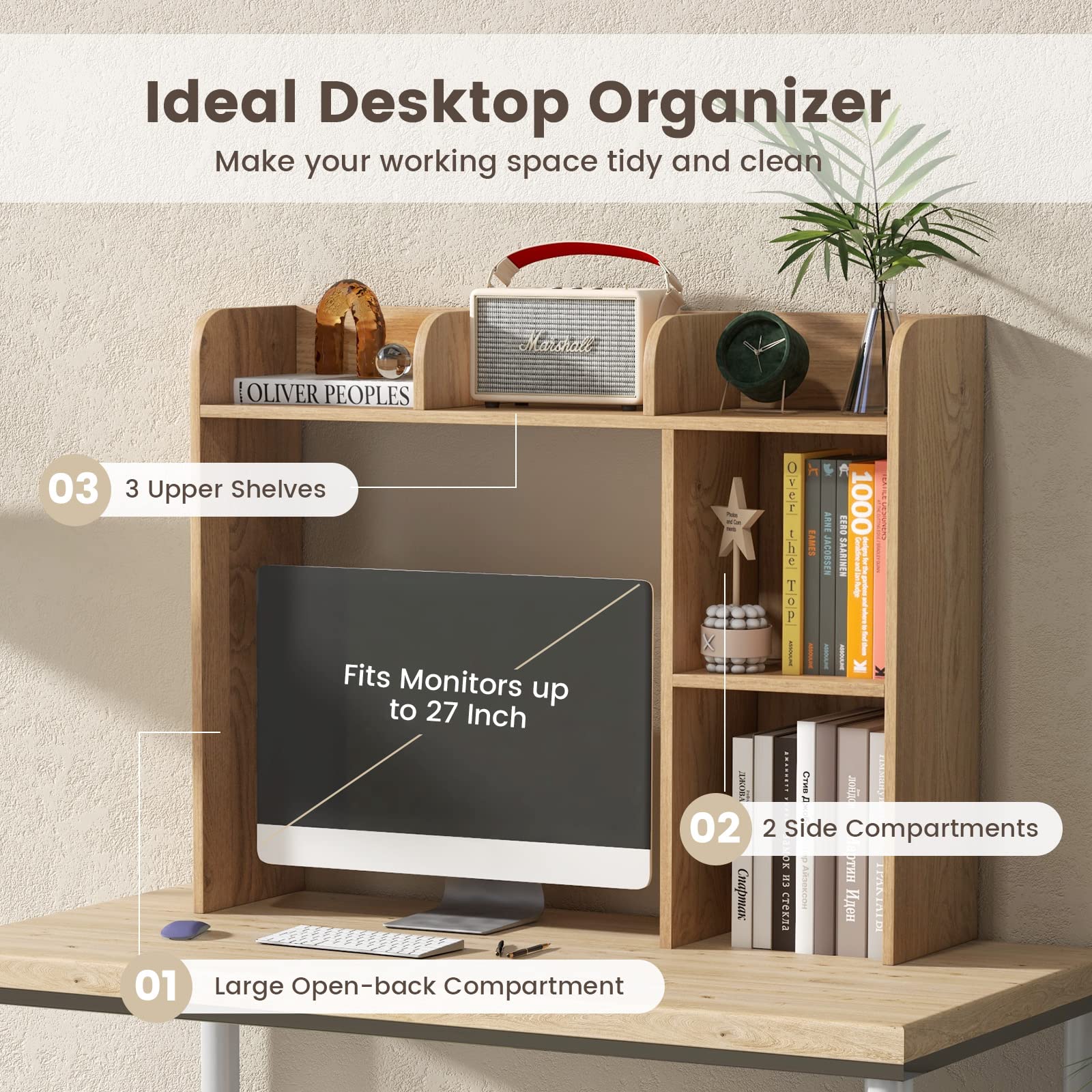 Desktop Bookshelf, Home Office Countertop Storage Hutch