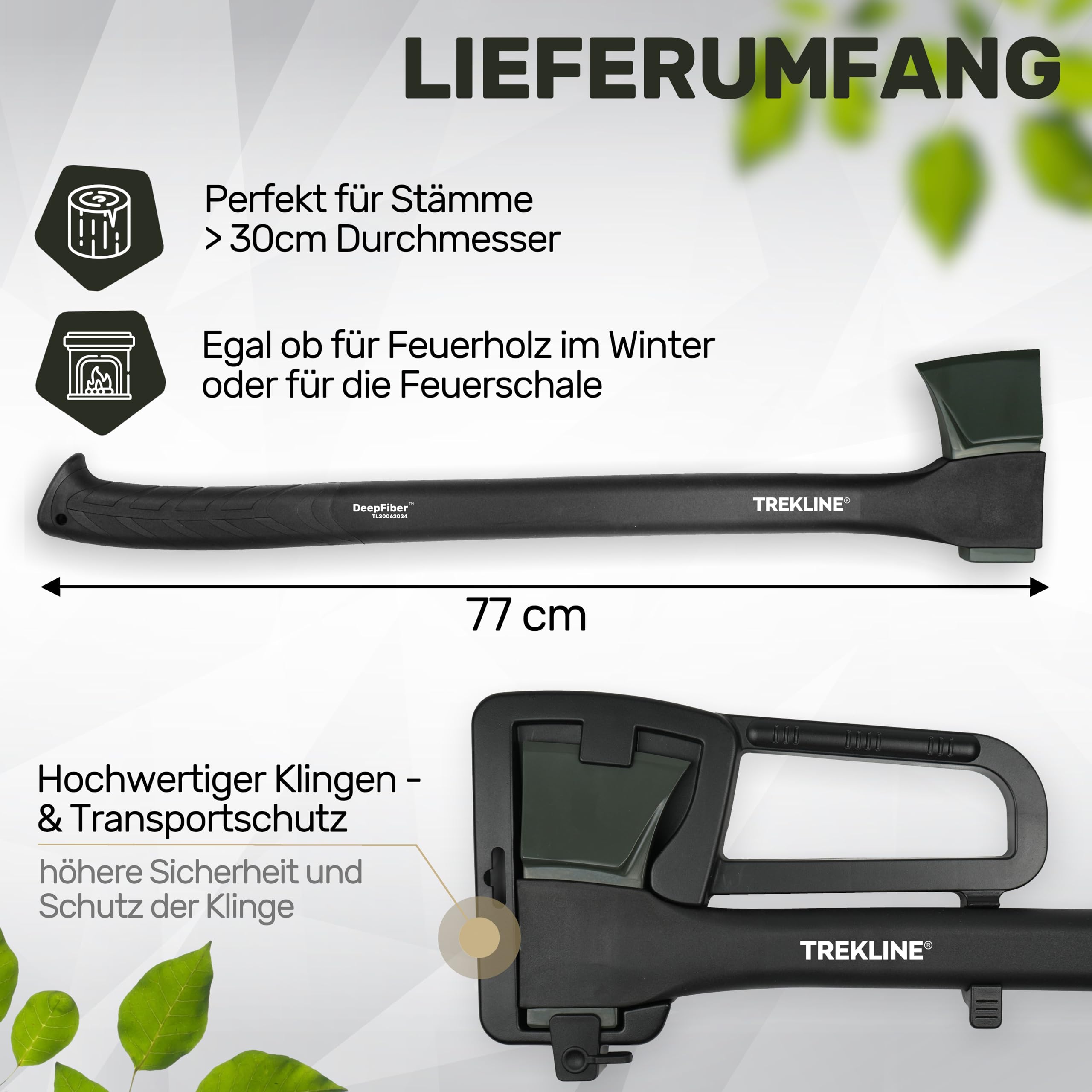 Spaltaxt, Spalthammer [ ErgoFiber™ - Glasfaserverstärkter Griff ] MilitaryCast, Inklusive Klingen-/Transportschutz, Antihaftbeschichtet, Hochwertige Stahl-Klinge [77cm; 2.3 kg]