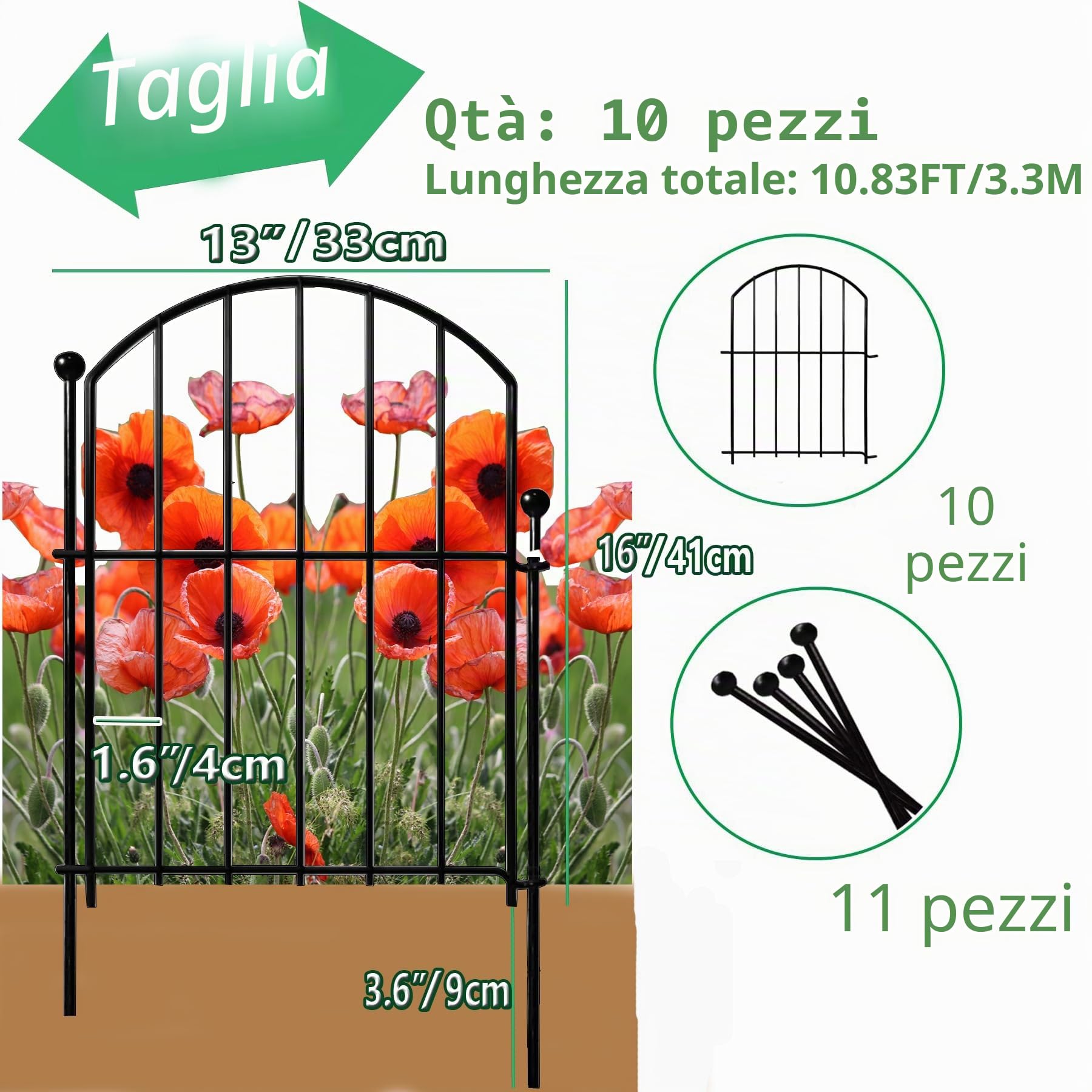 ANAMPION Recinzione Giardino in Metallo Palizzata da Giardino,43CMX330CM,10 PCS Recinto Decorativo da Giardino,Design Bello Robusto e Affidabile Resistente Staccionata Esterne in Acciaio(circular)