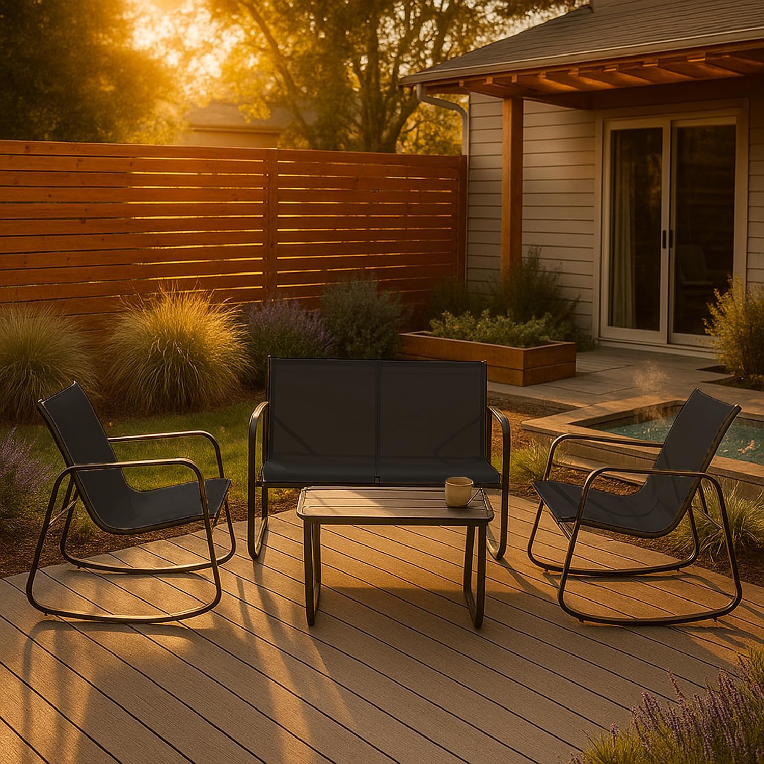 4-Piece Patio Furniture Set, Outdoor Textilene Conversation Set with Rocking Chairs & Loveseat, with Coffee Table for Garden, Balcony, Poolside（Khaki）