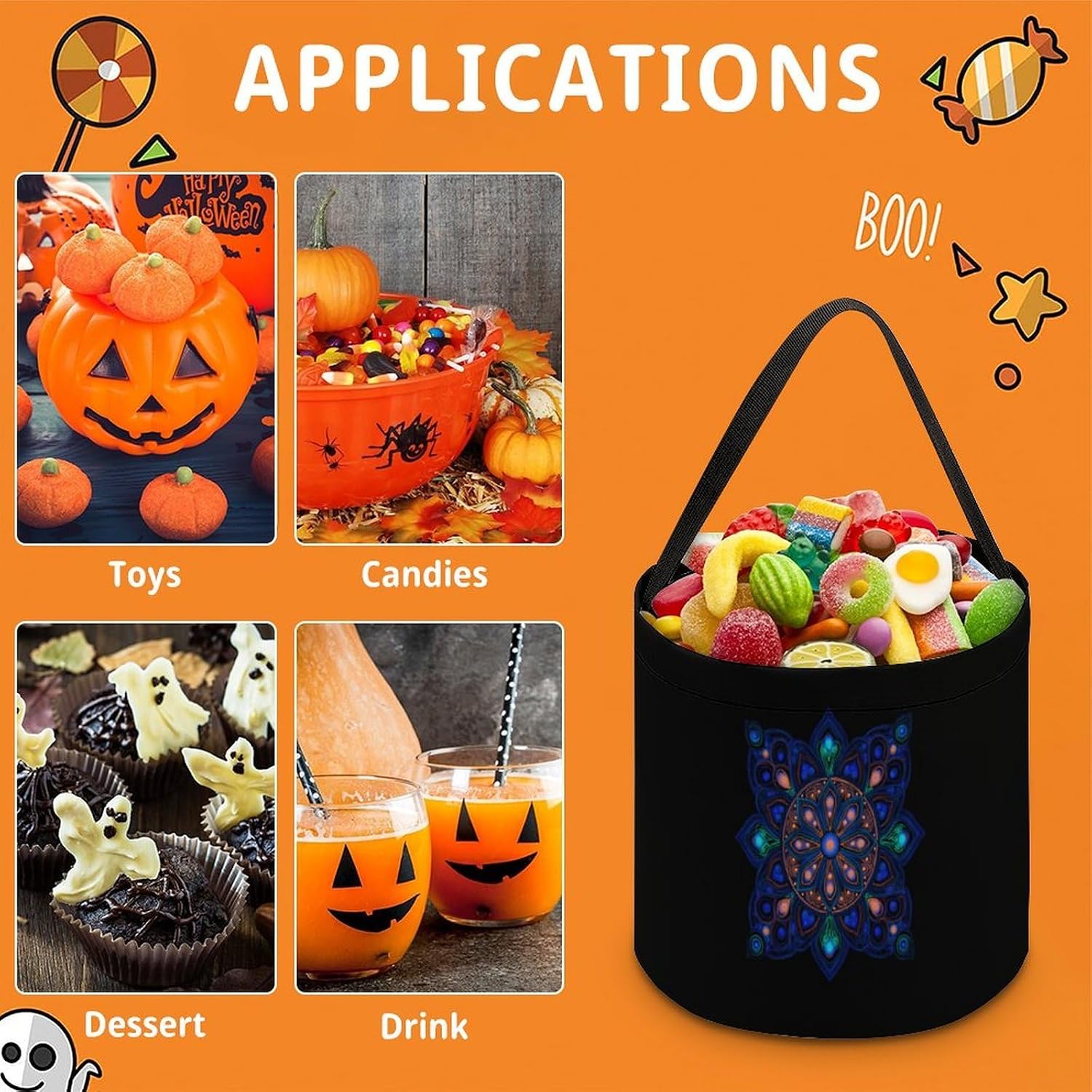 Blacklight Mandala Halloween Basket Candy Tote Bag Easter Bucket image 5
