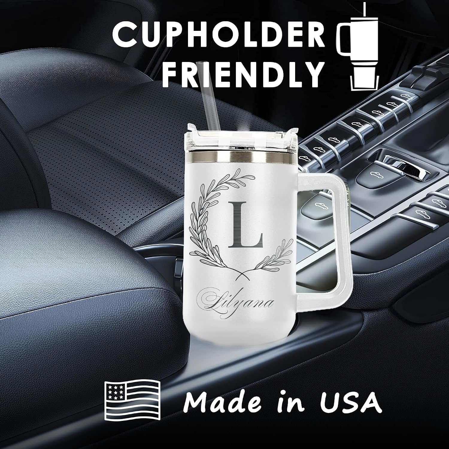 Initial Split Monogram Personalized Tumbler 40 oz Laser Engraved, Insulated Cup with Handle, Lid and Straw, Custom Initial Tumbler, Unique Initial Cup Gifts for Men Women, Wedding Gifts