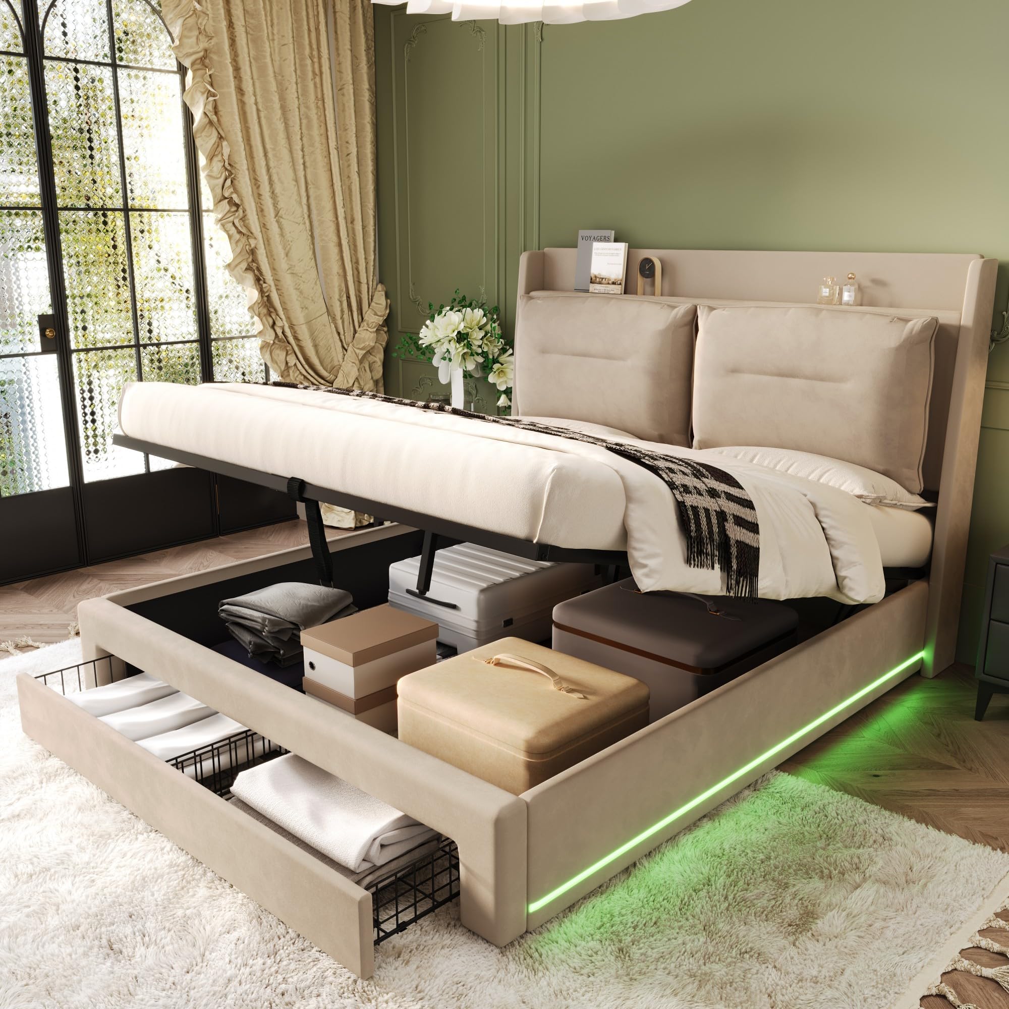 Letto 180x200 con LED e cassetti, letto imbottito 180 x 200 cm, con vano portaoggetti e testiera, letto matrimoniale con rete a doghe, letto giovanile idraulico in velluto, beige, senza materasso