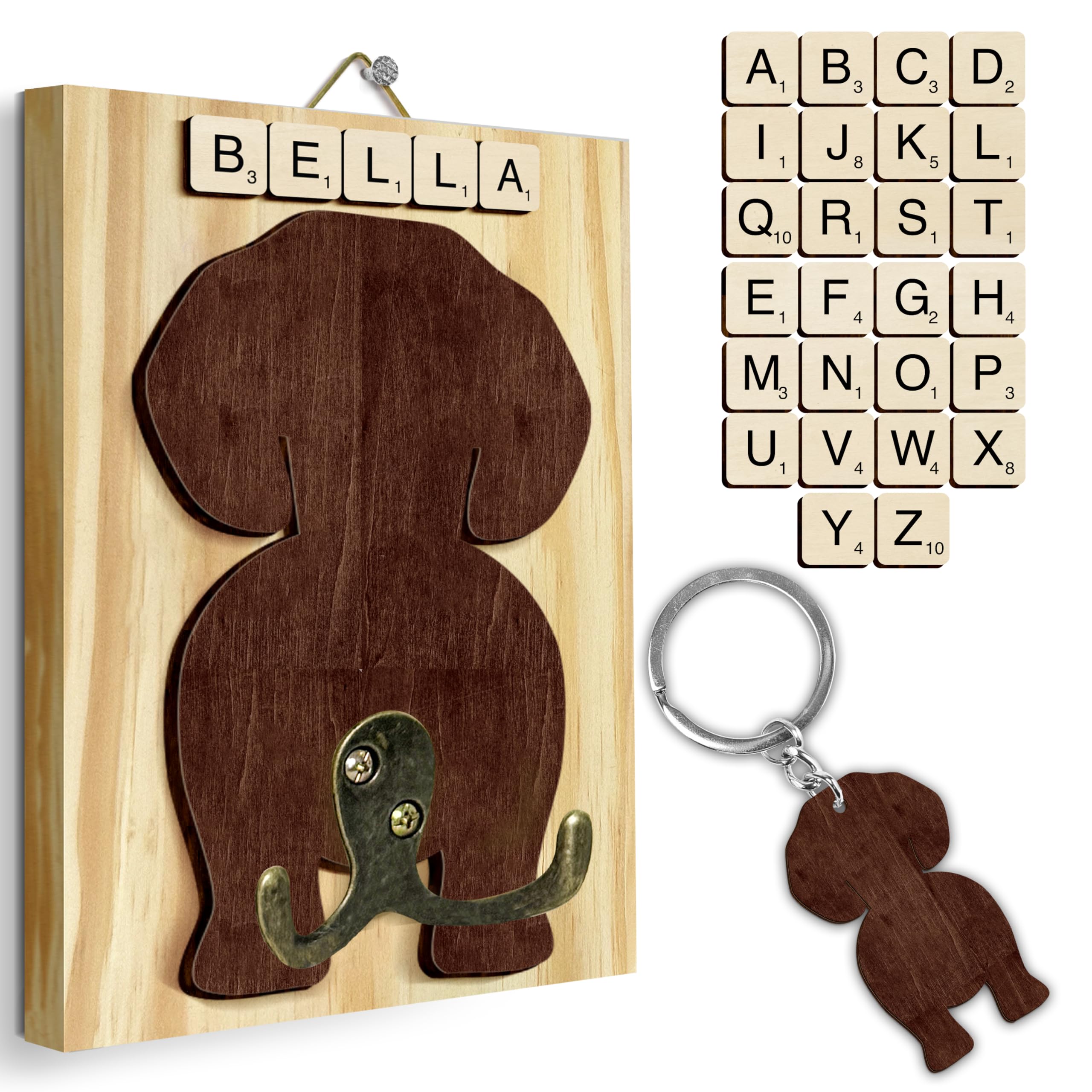 Beagle Dog Leash Holder Wall Mount with Scrabble Letters, Wooden Dog Wall Hook Organizer, Pet Collar and Harness Hanger for Entryway, Key Hook Gift for Pet Lovers, Home Decoration PF297-8