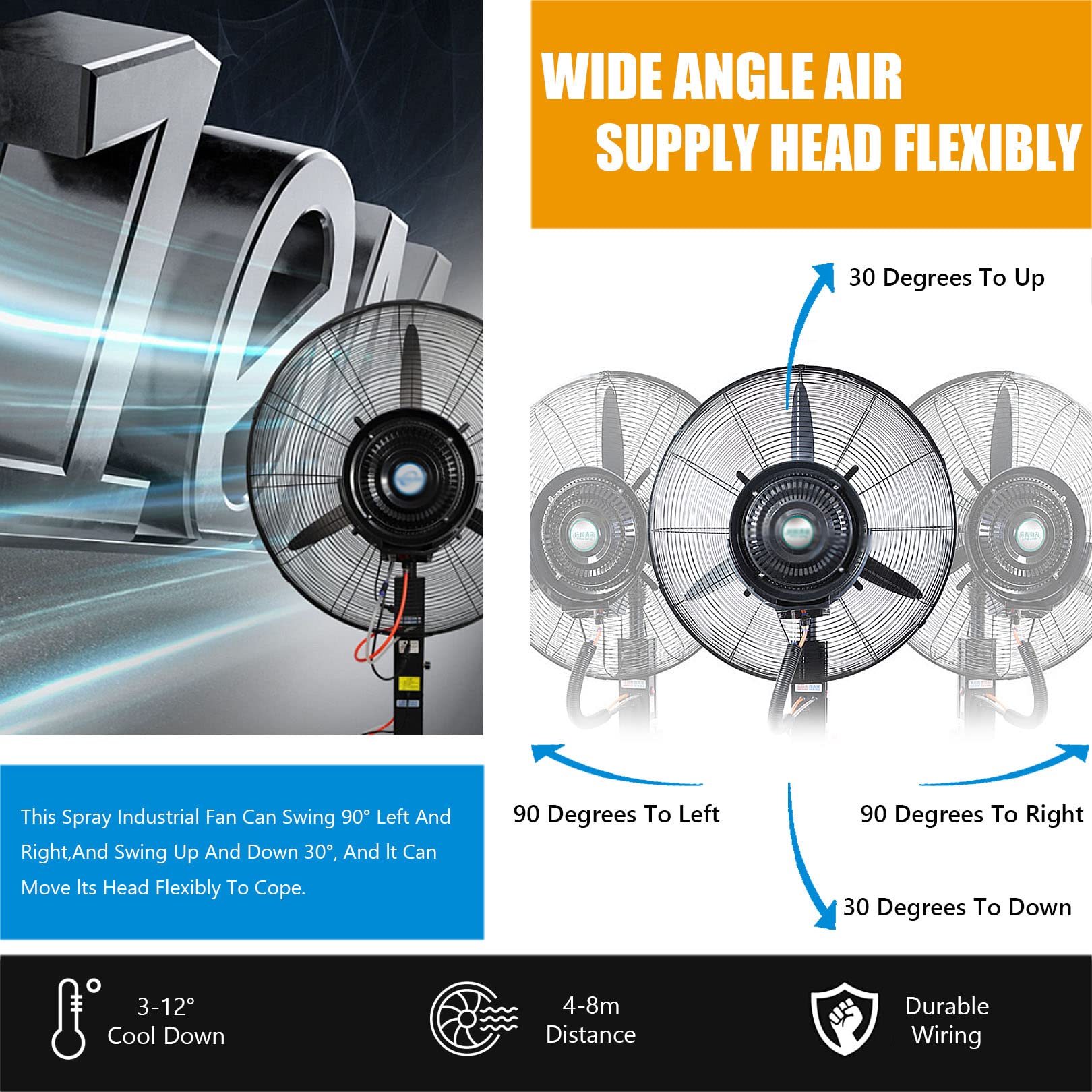 Ventilador nebulizador, tanque de 9 galones, ventilador de pedestal oscilante de 90° con altura ajustable para taller de garaje