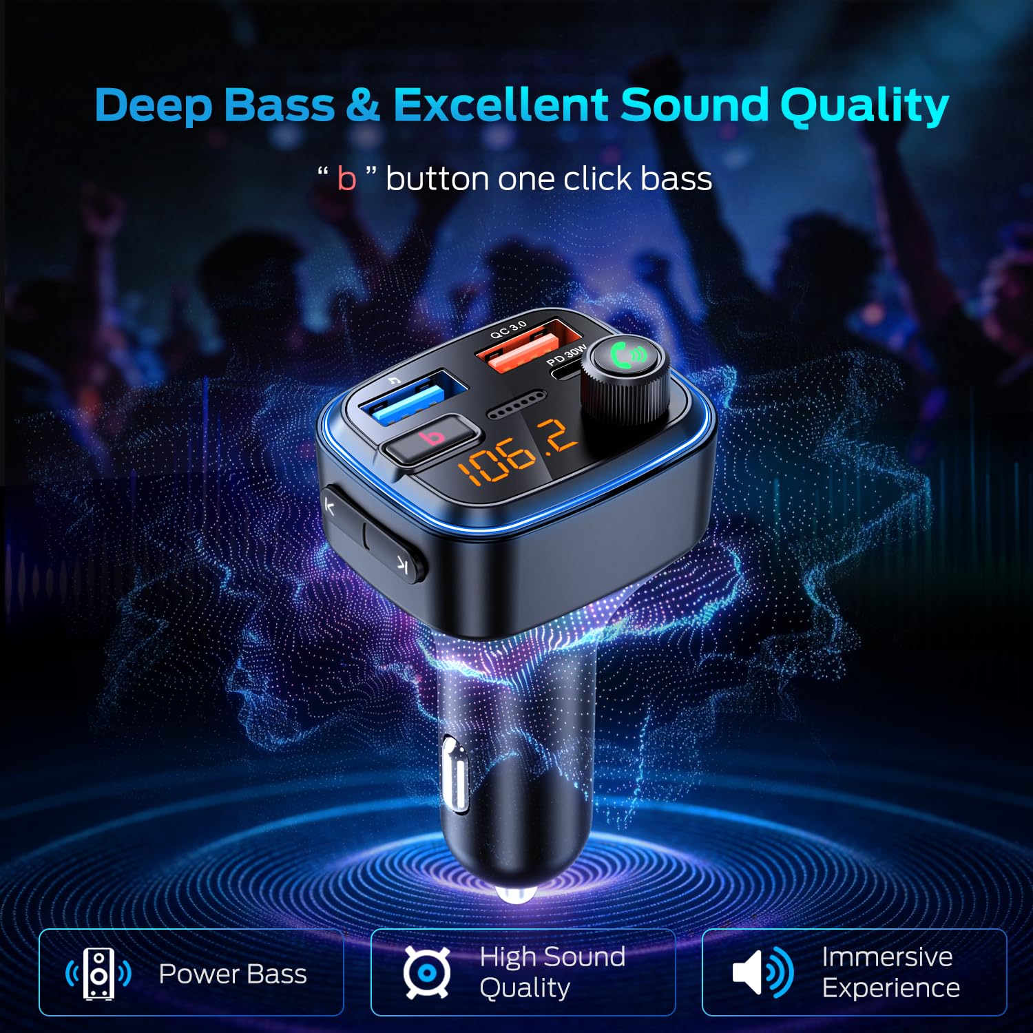 HUNDRUP Adaptateur Bluetooth 5.4 pour voiture, adaptateur USB Bluetooth pour charge, émetteur FM sans fil, radio mains libres et récepteur audio (bleu-48 W)