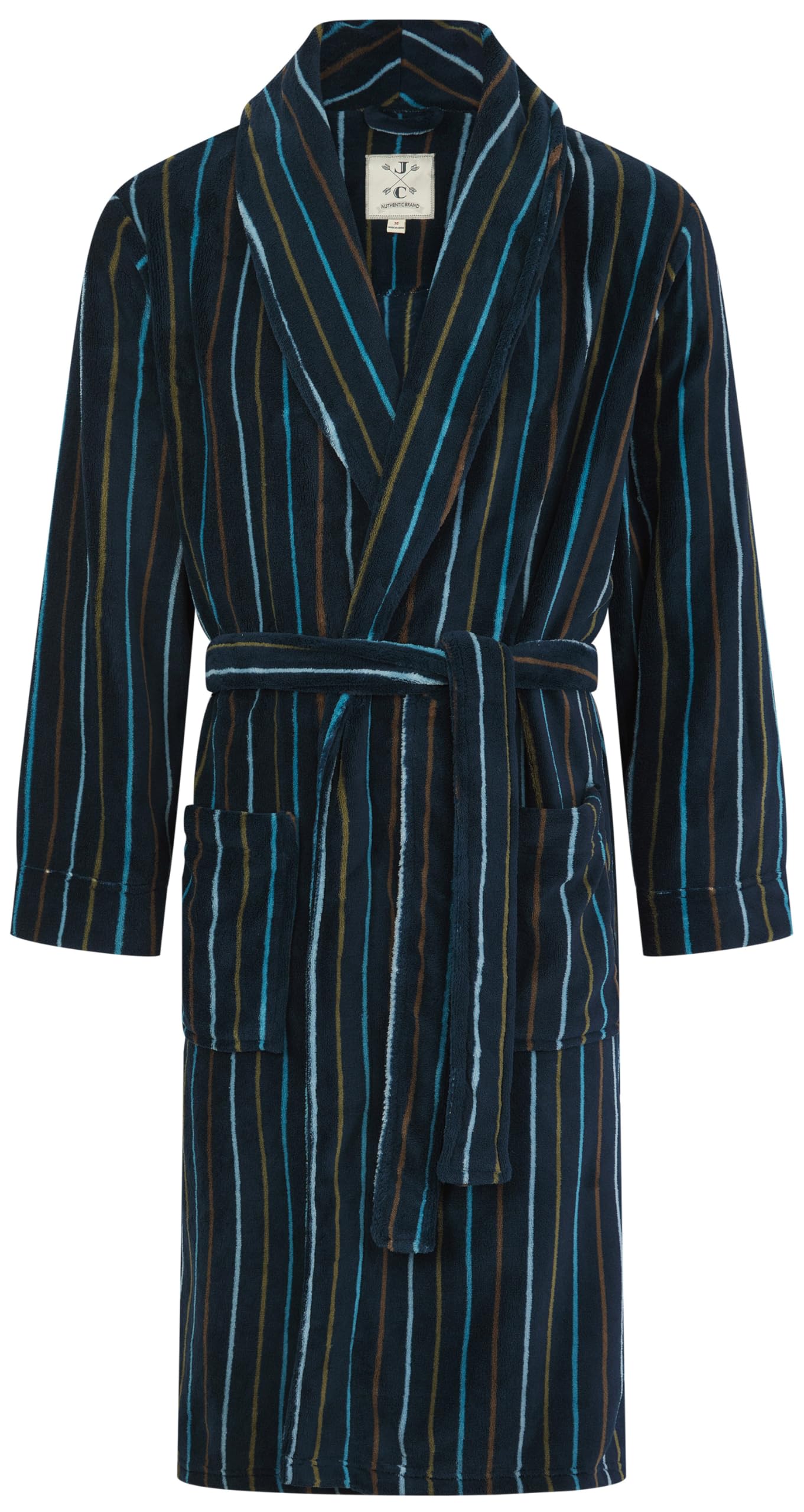 John Christian Vestaglia Uomo in Caldo Pile, Blu Navy con Righe Azzurre e Verde Oliva