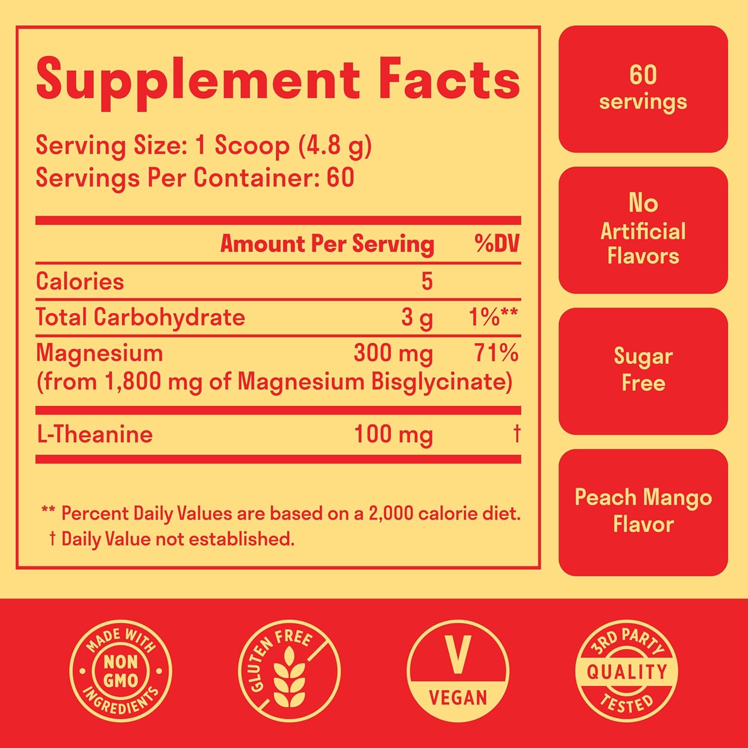 Magnesium Glycinate Powder + L-Theanine | 60 Servings | 300 mg per Scoop High Absorption Chelated Magnesium Powder for Sleep - Peach Mango Flavor, No Sugar, Support Restful Sleep & Relaxation