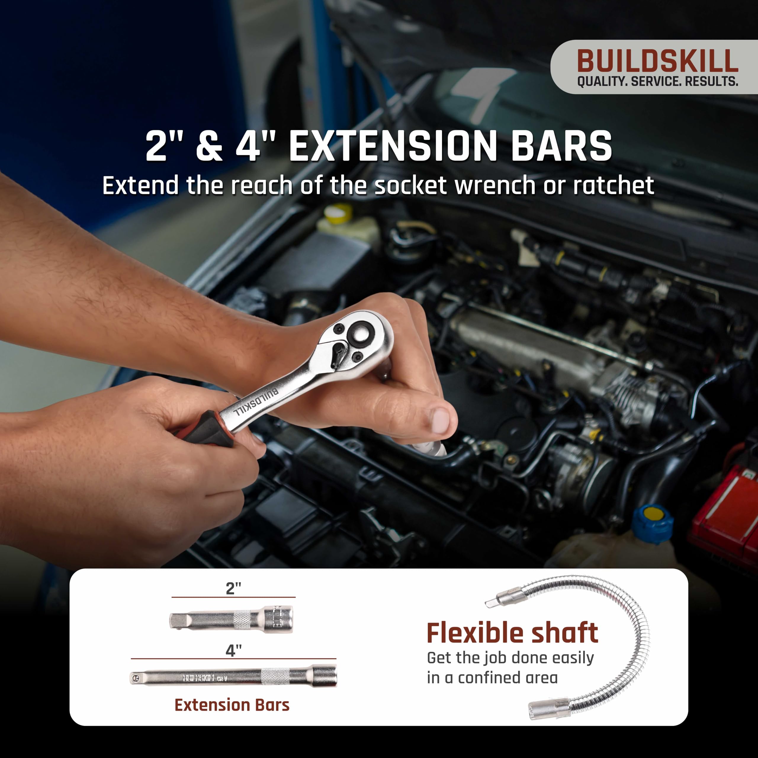 BUILDSKILL 1/4 inch socket set | 46 piece - heavy duty CR-V material | flexible extension bar | quick release reversible ratchet | TPR anti-slip grip | socket wrench set for car & bicycle repairing 3