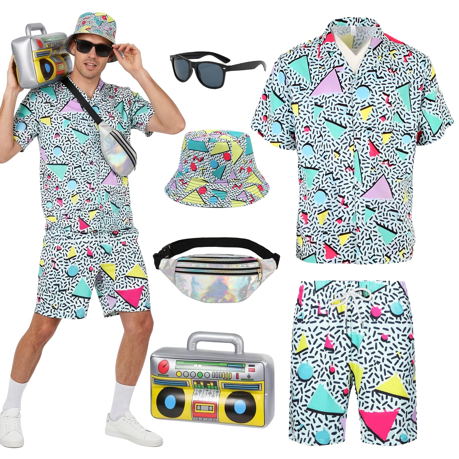 YAEGIMHT 80s 90s Fancy Dress Men, Hip Hop Shell Suit with Accessories for Adults, Retro 80s 90s Button Shirts Costume Outfits, 80s Tracksuit for Halloween Carnival Disco Party Dress Up (Sliver, XL)