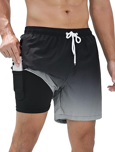 SILKWORLD Bañador para hombres con forro de compresión de secado rápido, pantalones cortos de natación de 5 pulgadas con bolsillos con cremallera
