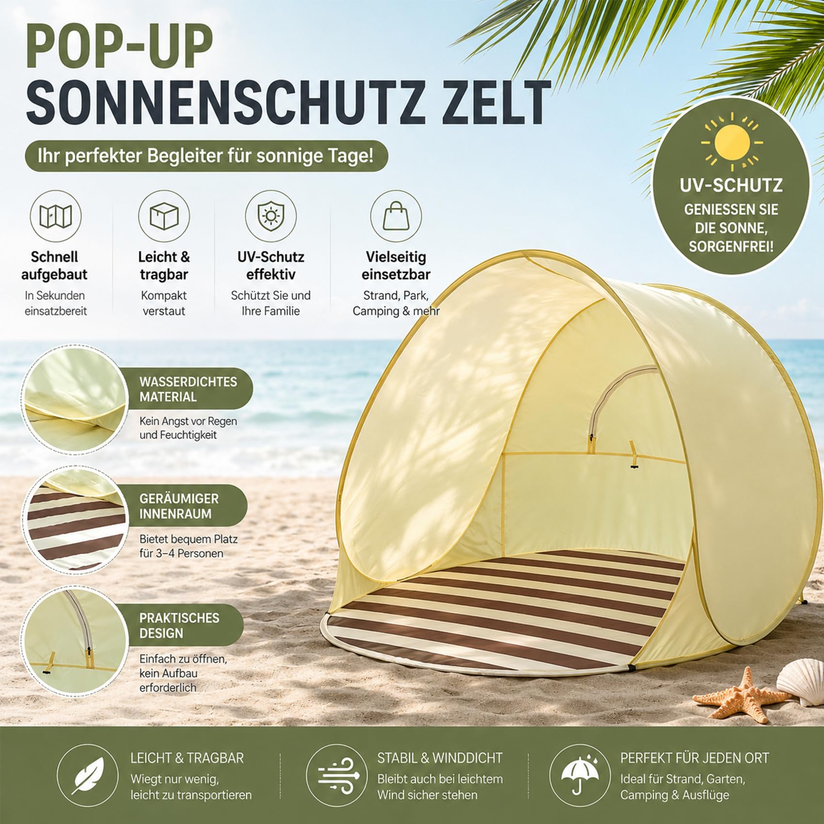 Strandmuschel Baby Uv Schutz 50, Großes Strandzelt, Familienzelt für 2-3 Personen, Leicht & Tragbar, Wasserdicht, Sonnenbeständig – für Wanderungen, Strand und Camping (A)