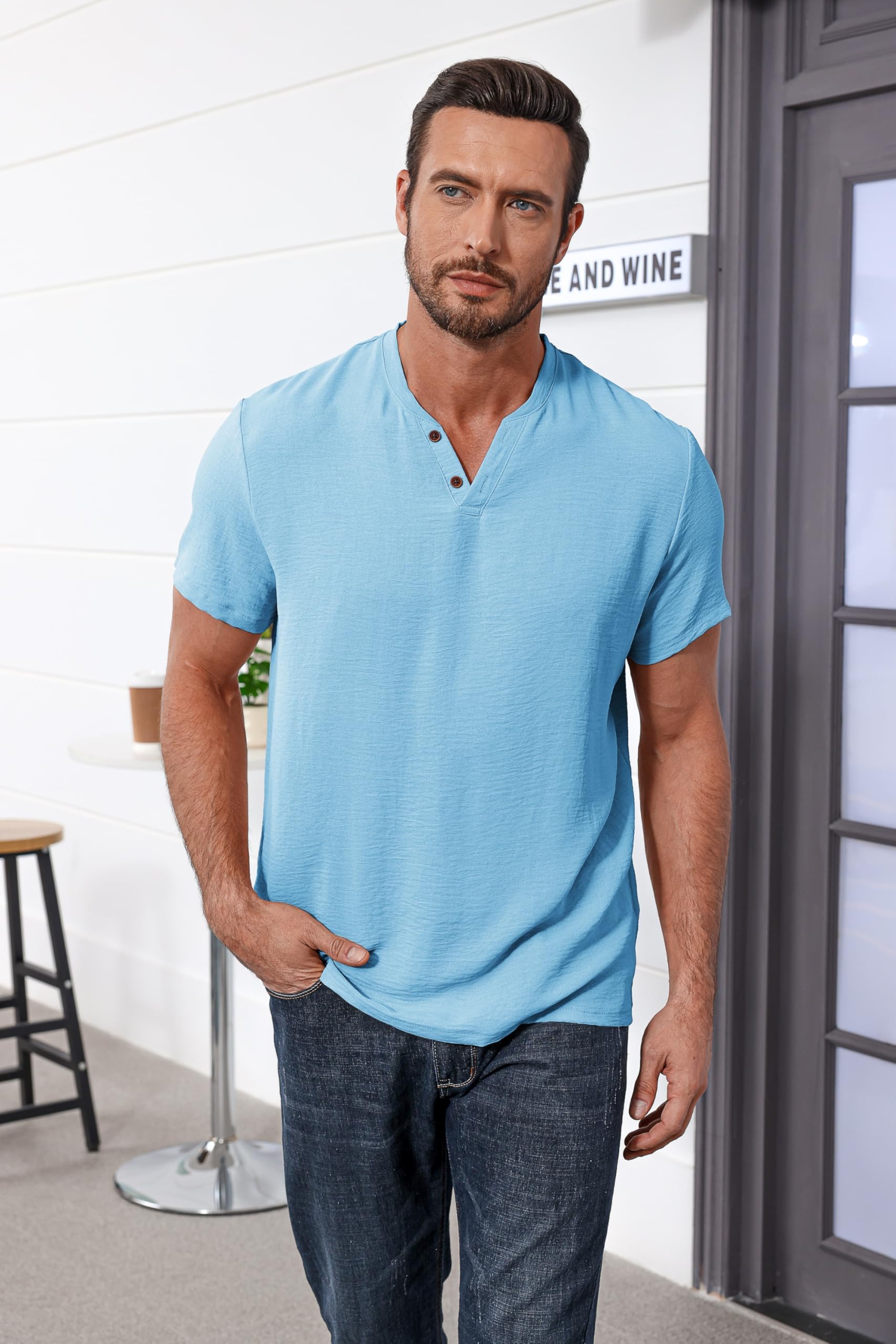 LAOARA Henry Maglietta da uomo estiva, a maniche corte, con bottoni, per vacanze, casual, leggera