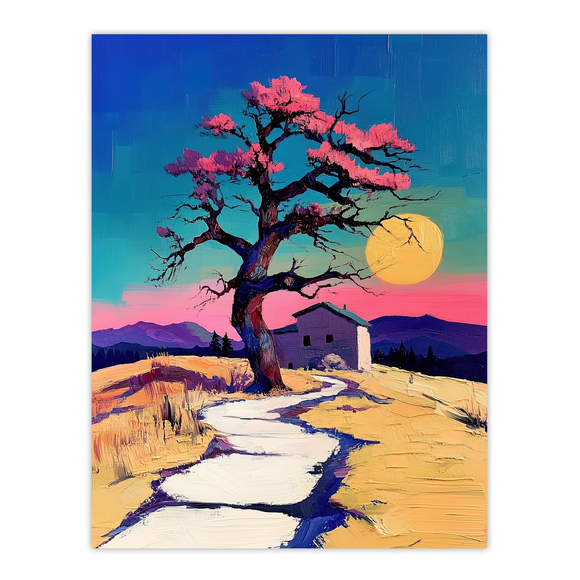 Artery8 Cottage Cherry Blossom Tree Sunrise Landscape Living Room Large Wall Art Poster Print Thick Paper 18X24 Inch