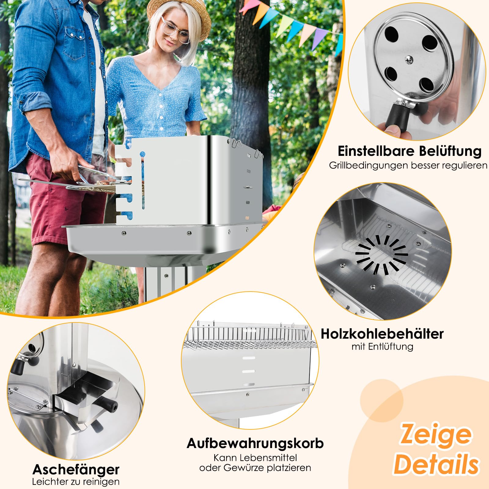TLGREEN Barbecue a colonna in acciaio inox 57 * 38 * 90 cm, Altezza regolabile in 5 posizioni, Barbecue da esterno con Cassetto cenere, ventilazione e griglia cromata, Outdoor, BBQ, Spiagge, Giardino