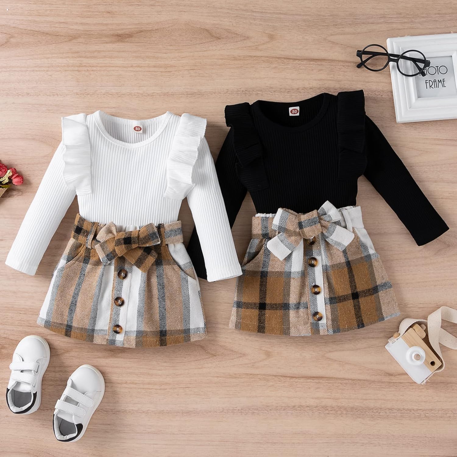 Kids 2Pcs Skirt Set for Girl Long Sleeve Ribbed Knit Shirt Top + Plaid Pleated Mini Skirt Set Fall Winter Outfits: Clothing, Shoes & Jewelry