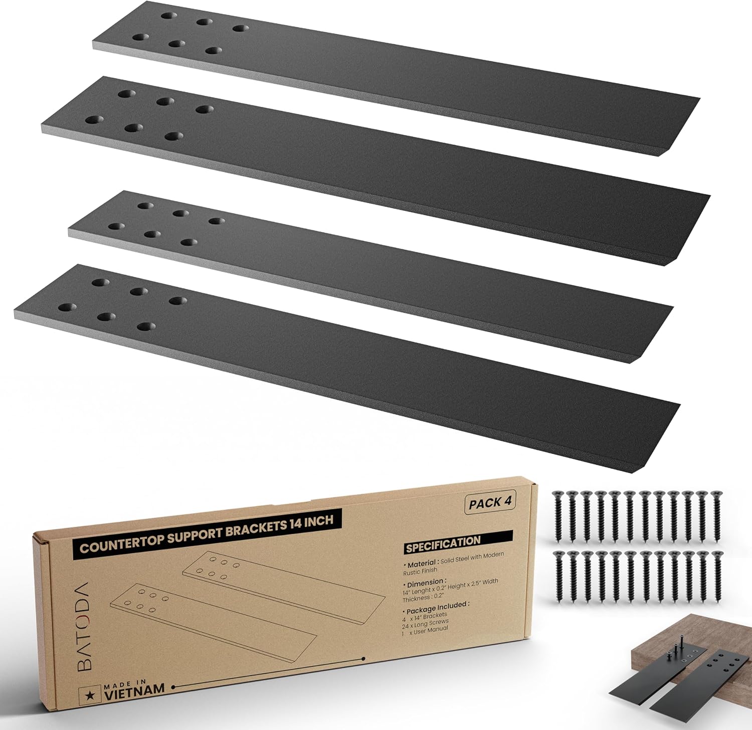 BATODA 14" Countertop Support Brackets (4 pcs) for Granite - Heavy Duty L Shelf Bracket - Wall Mounted Support for DIY Open Shelving – Knee Wall Support - Mounting Hardware Included ( Pack 4 )