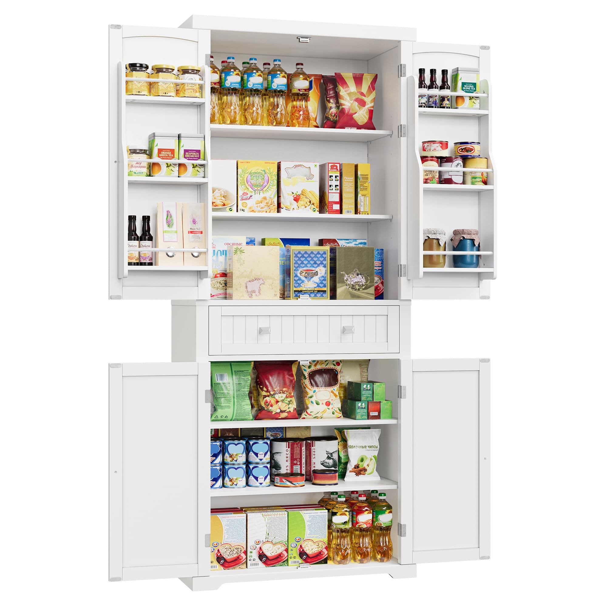 VASAGLE Küchenschrank, Hochschrank Küchenbuffet Vitrinenschrank, Buffetschrank mit Verstellbaren Ablagen, Esszimmerschrank mit Schubladen, für Wohnzimmer Küche, 40 x 76 x 182,1 cm, Weiß BBC561W21