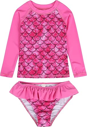 WonderBabe Niñas Sirena/Unicornio/Floral de Rash Guard Traje de Baño Manga Larga Traje de Baño UPF 50+ Verano Playa Traje de Baño 2 Piezas 2-8 Años: