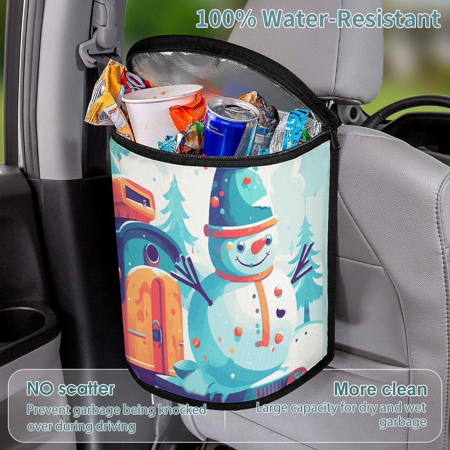 Car Trash Can Snowman Sitting on The Train Printed Car Organizer Car Accessory Interior Car Garbage Can with Lid