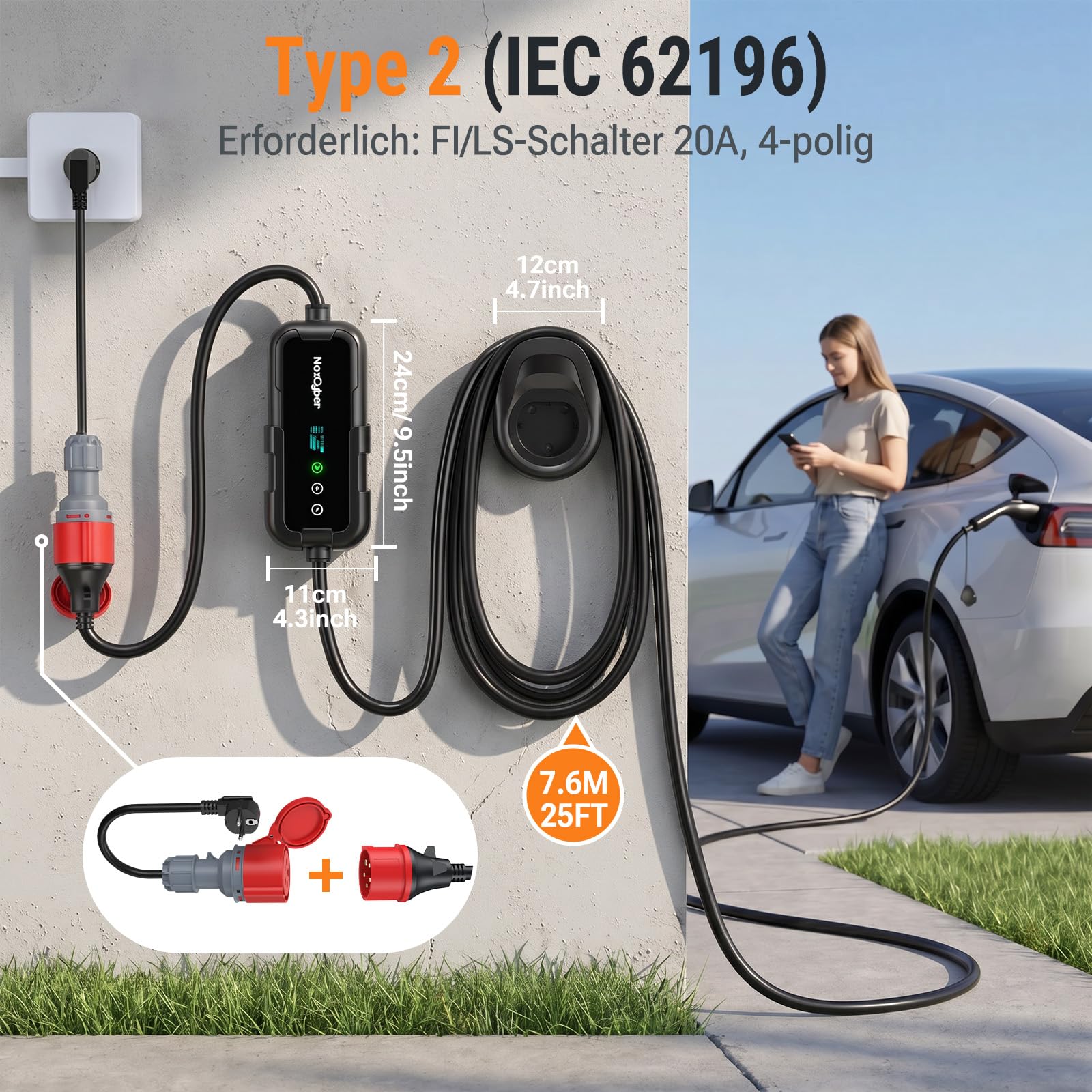 Mobile Wallbox 11kW mit App & OLED, 7,6m 3-phasig, 400V 8-16A einst., CEE-Stecker IP66+FI-Schutz, Ladegerät Typ 2 mit Schuko-Adapter, Wandmontage & tragbar, für Model 3/Y, ID.3, u.a. BEV/PHEV