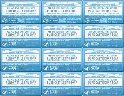 Dr. Bronner's - Jabón de barra de castilla puro (bebé sin perfume, 5 onzas, paquete de 12) - Fabricado con aceites orgánicos, para cara, cuerpo y