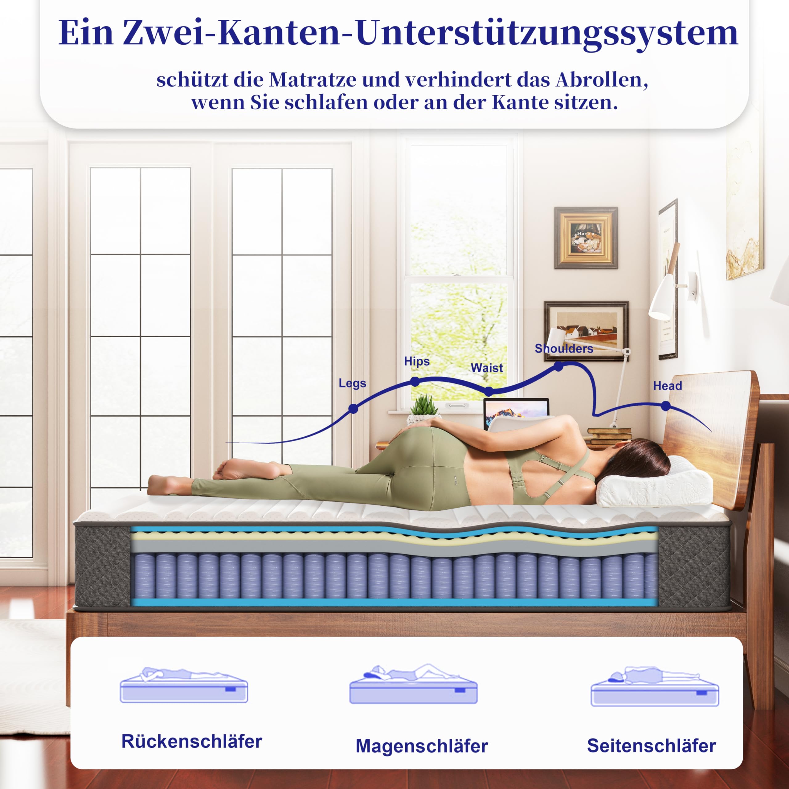 Matratze 140x200, Höhe 25cm mit Oeko-TEX Zertifiziert, Härtegrad H3 und H4, 7 Zonen Taschenfederkernmatratze mit Komfortschaum, Gewebe mit weicher, Langlebig & Hautfreundlich, 140x200x25cm