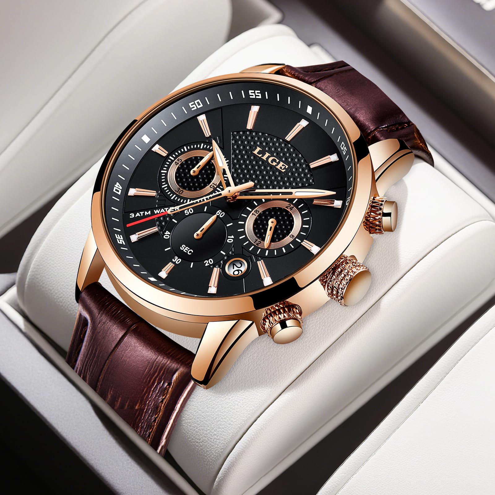 LIGE Orologio Uomo Mode Elegant Acciaio Inossidabile Pelle Impermeabile Analogico Quarzo Classico Cronografo