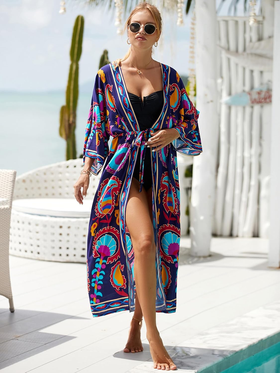 Women Casual Open Front Lightweight Cardigan Long Beach Kimono Cover Up - Image 4