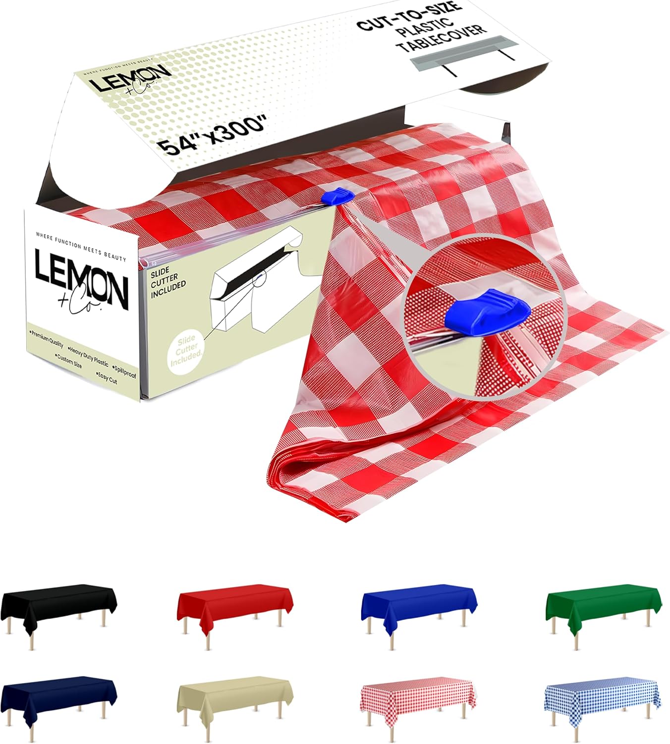 LEMON + Co. Red Gingham Premium Plastic Tablecloth Roll - 54" x300' for Parties with Cutter Box - Cut to Size Rectangle & Round Disposable Tablecloth Plastic Table Cover