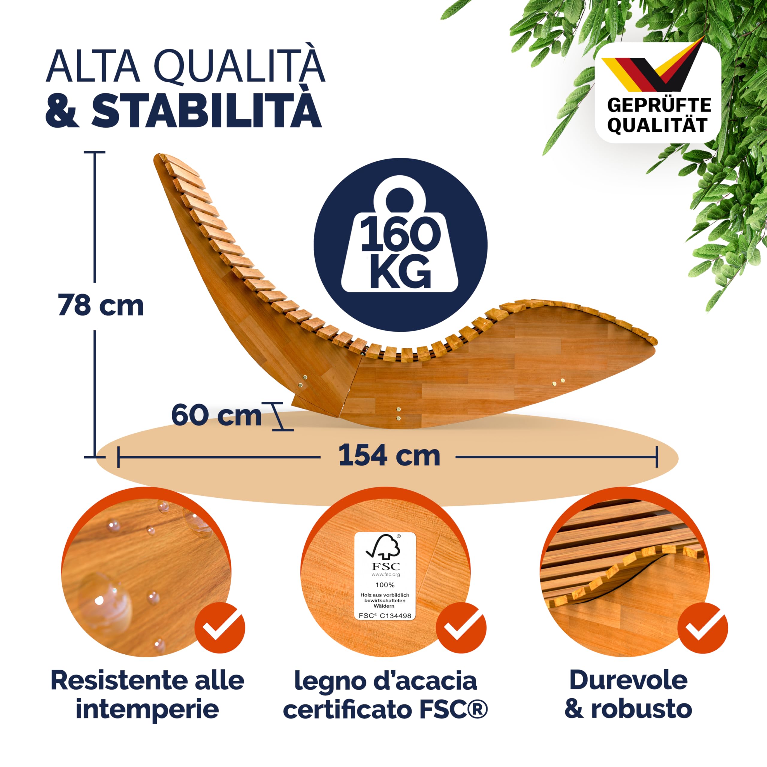 Casaria Sdraio a Dondolo JAVA Pieghevole 155x60x93cm Portata 160 kg Legno Acacia Certificato FSC