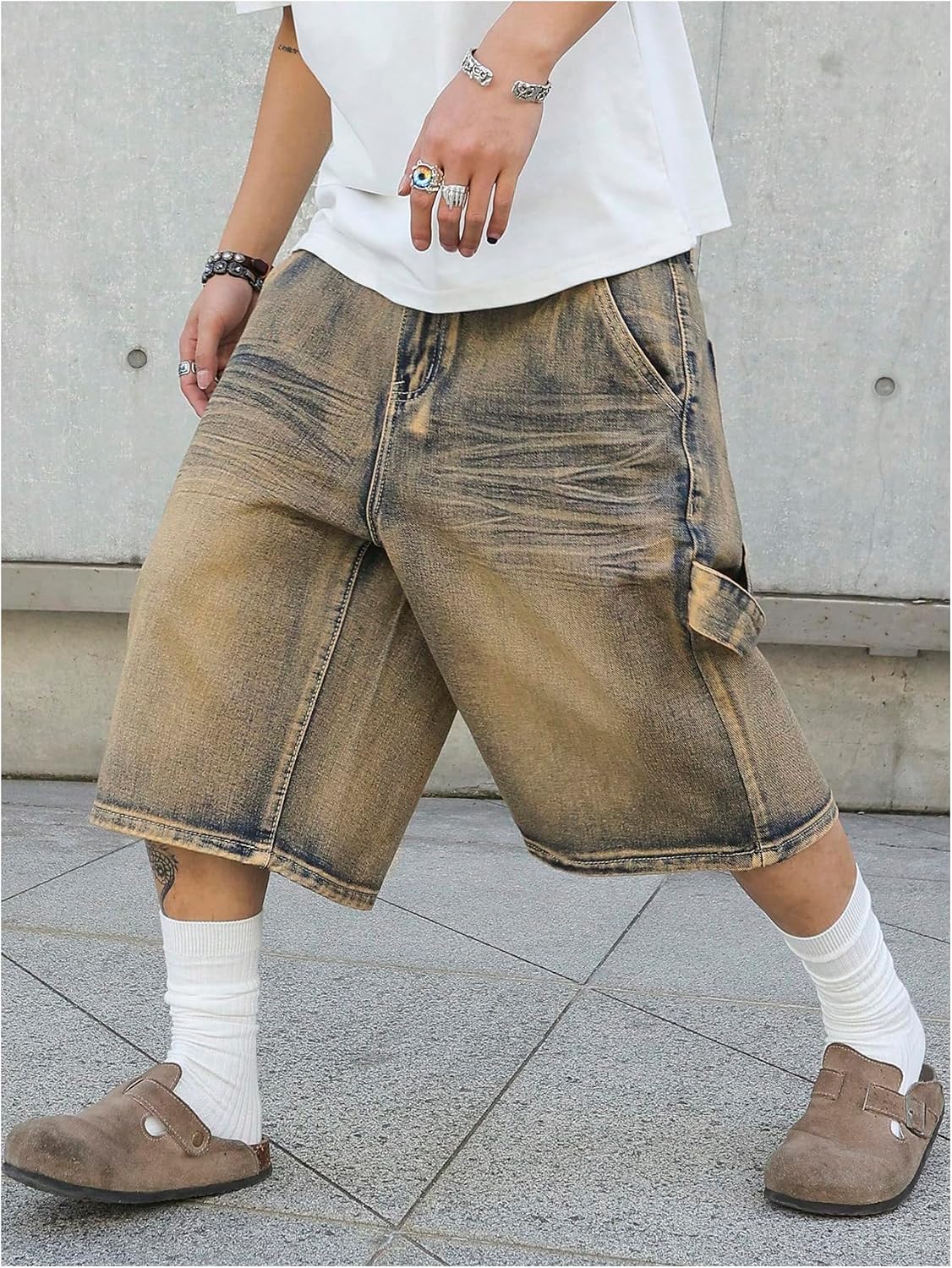 BEAUDRM Men's Jean Shorts Vintage Wide Leg Denim Shorts with Pockets Streetwear
