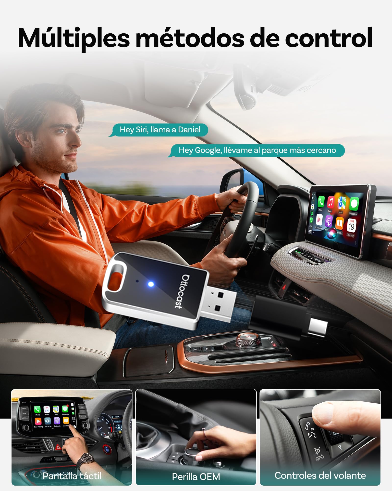 OTTOCAST Mini Adaptador Carplay Inalambrico,Última Versión 2026, 2 en 1 Convierte CarPlay/Android Auto por Cable a inalámbrico, Plug-&-Play, Diseño Compacto de Metal, Reconexión automática.