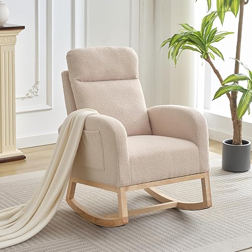 Rocking Chair Nursery,Glider Chair Nursery Chair with High Back and Side Pocket, Rocking Accent Armchair with Rubber Wood Legs for Living Room/Bedroom/Nursery