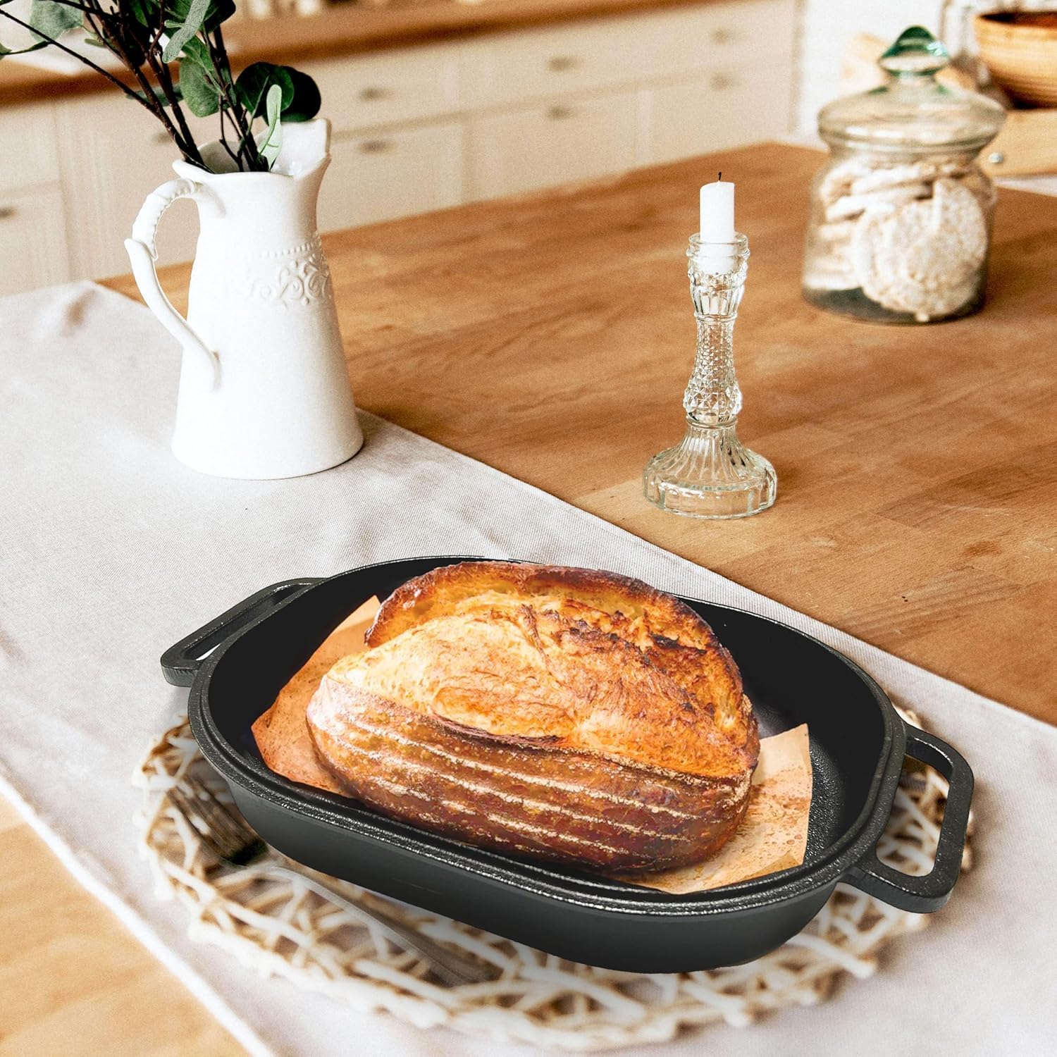 Horno de hierro fundido para asar y guisar, utensilios de cocina esmaltados de doble propósito para uso doméstico