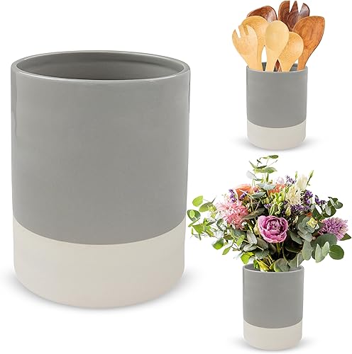 7Penn Soporte para utensilios de cocina para encimera, tamaño grande, gris y blanco, utensilios de cocina primitivos para decoración de mostrador,